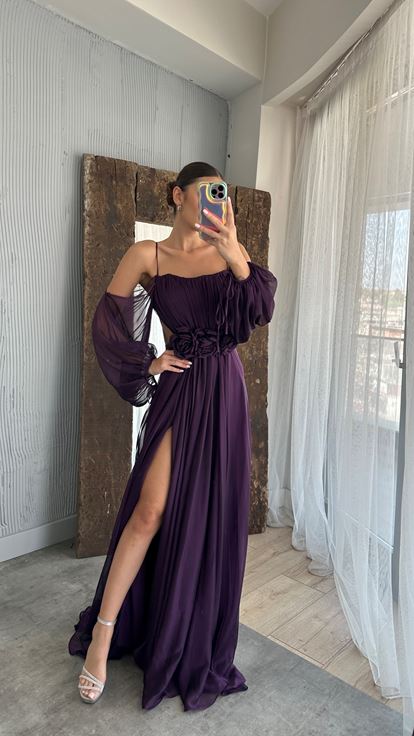 Plum Rope Strap Balloon Taille Détail Design Robe En Mousseline De Soie