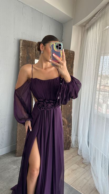 Plum Rope Strap Balloon Taille Détail Design Robe En Mousseline De Soie