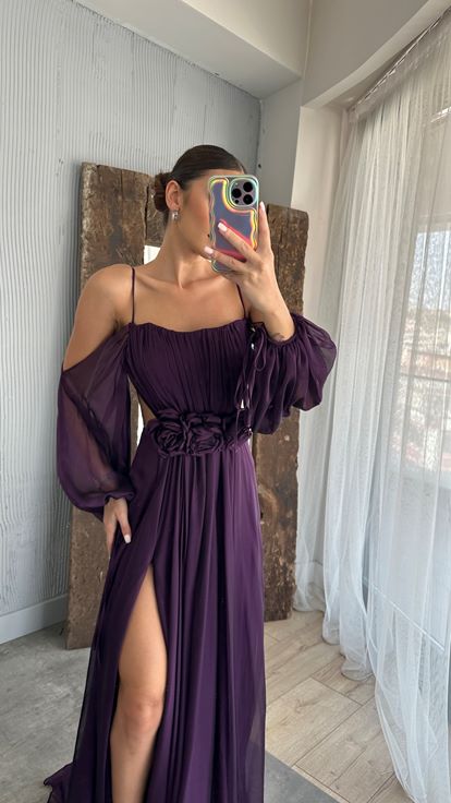 Plum Rope Strap Balloon Taille Détail Design Robe En Mousseline De Soie