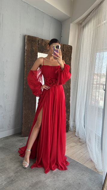 Kırmızı İp Askılı Balon Bel Detay Tasarım Şifon Elbise