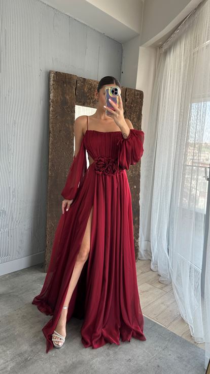 Bordo İp Askılı Balon Bel Detay Tasarım Şifon Elbise