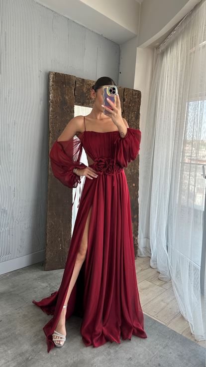 Bordo İp Askılı Balon Bel Detay Tasarım Şifon Elbise