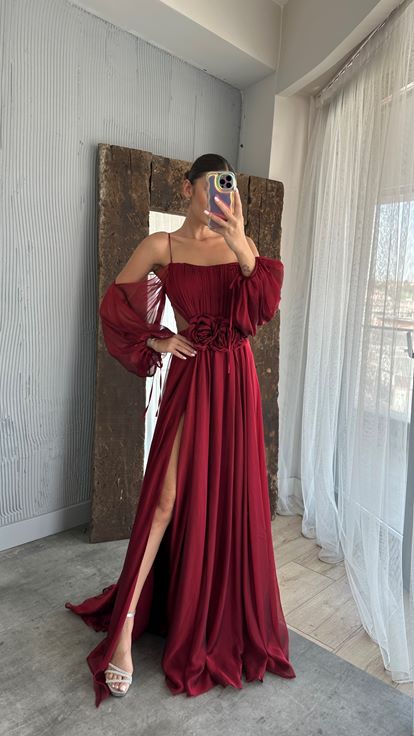 Bordo İp Askılı Balon Bel Detay Tasarım Şifon Elbise