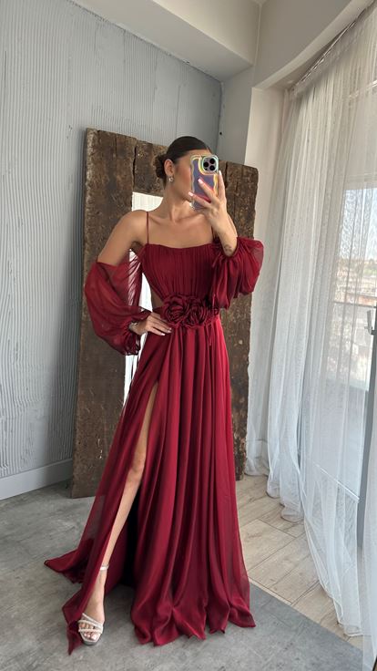 Bordo İp Askılı Balon Bel Detay Tasarım Şifon Elbise