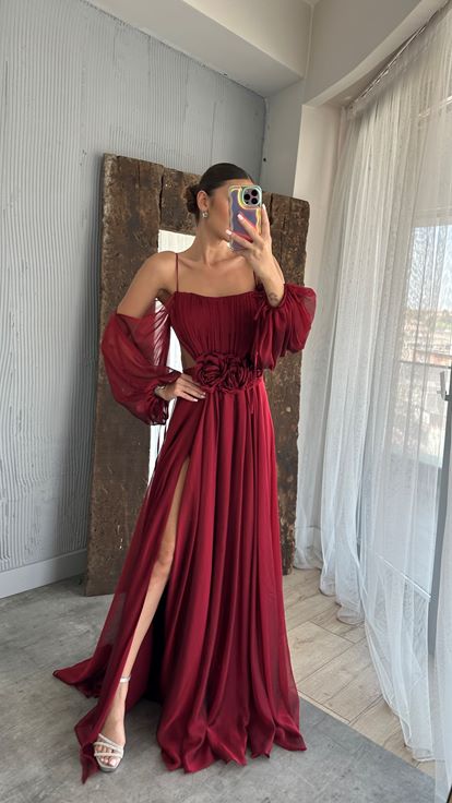 Bordo İp Askılı Balon Bel Detay Tasarım Şifon Elbise