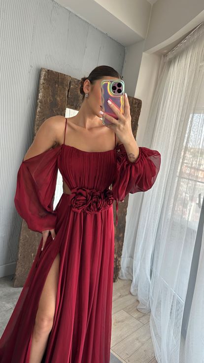 Bordo İp Askılı Balon Bel Detay Tasarım Şifon Elbise