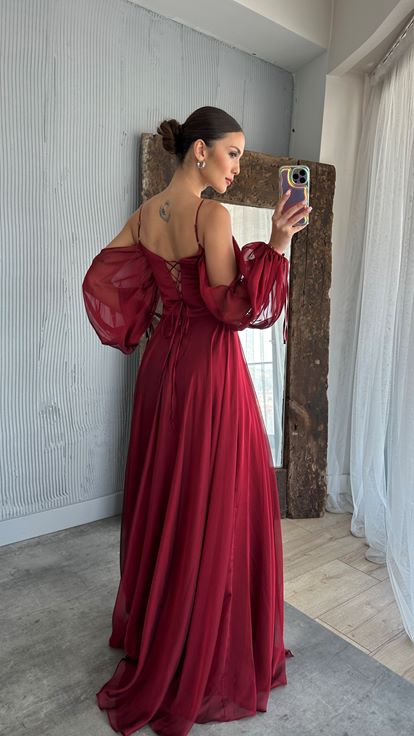 Bordo İp Askılı Balon Bel Detay Tasarım Şifon Elbise