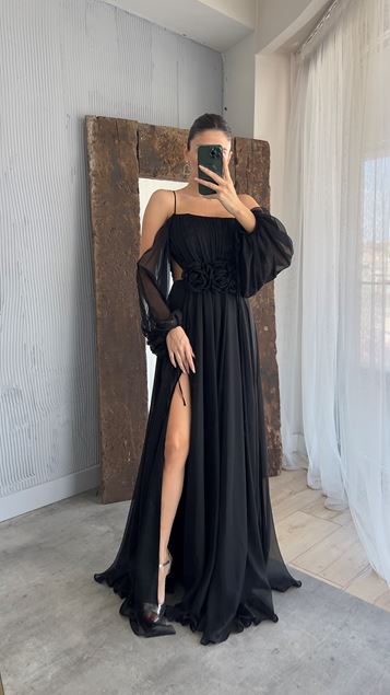 Siyah İp Askılı Balon Bel Detay Tasarım Şifon Elbise