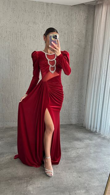 Burgundy Chest Stone Embroidered Waist Detail Design Velvet Evening Dress