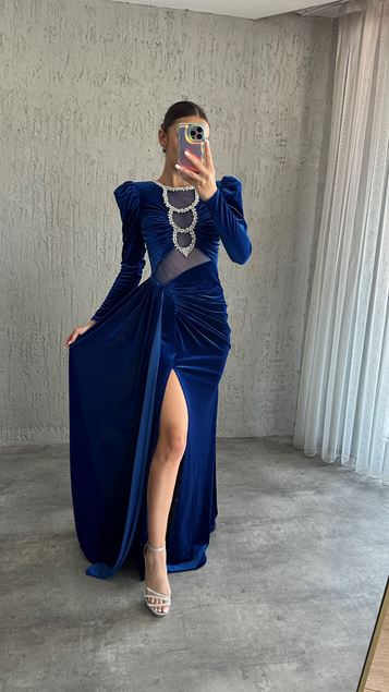 Navy Blue Chest Stone Embroidered Waist Detail Design Velvet Evening Dress