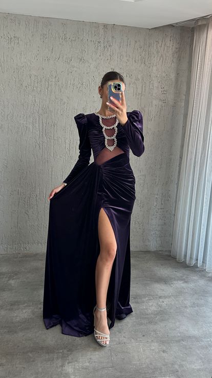 Black Bread Smelline Rightided Waist Detail Design Dress Abito Da Sera İn Velluto