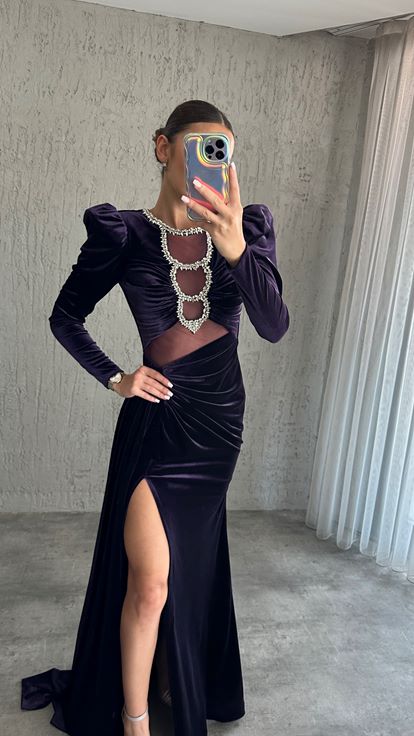 Black Bread Smelline Rightided Waist Detail Design Dress Abito Da Sera İn Velluto