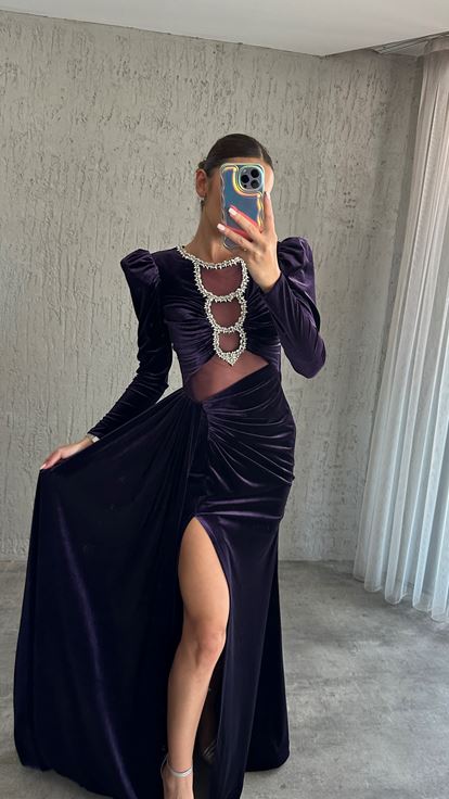 Black Bread Smelline Rightided Waist Detail Design Dress Abito Da Sera İn Velluto