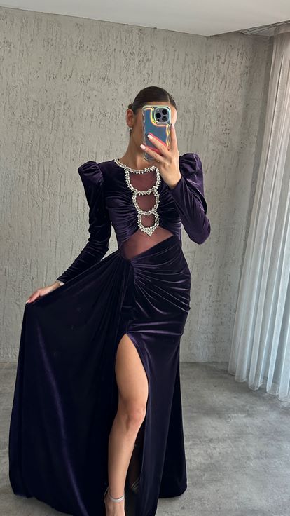 Black Bread Smelline Rightided Waist Detail Design Dress Abito Da Sera İn Velluto