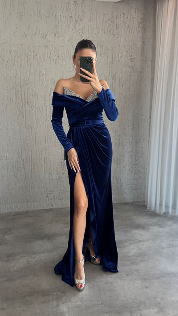 Navy Blue Chest Stone Embroidered Slit Design Velvet Evening Dress