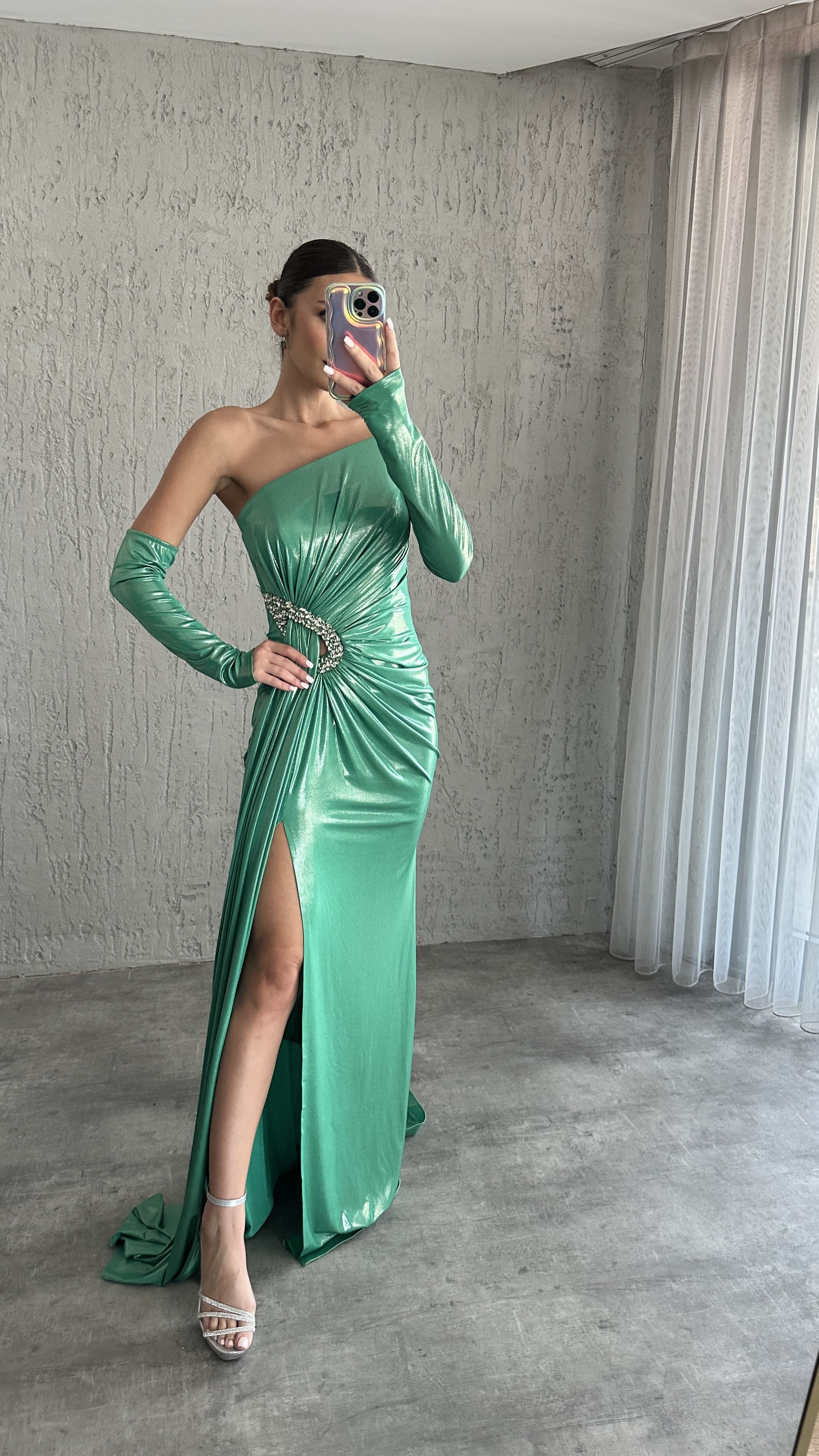 Mint Green Waist Detail Stone Embroidered Design Satin Evening Dress