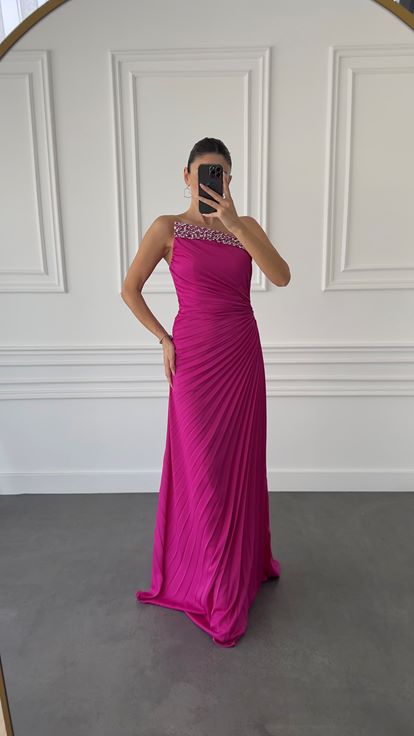 Fuchsia Stone Embellished Pleated Detail Evening Dress