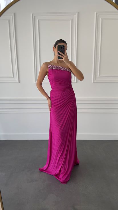 Fuchsia Stone Embellished Pleated Detail Evening Dress