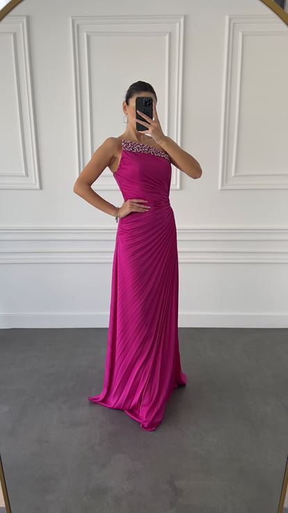 Fuchsia Stone Embellished Pleated Detail Evening Dress