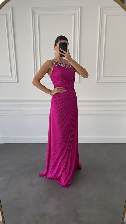 Fuchsia Stone Embellished Pleated Detail Evening Dress