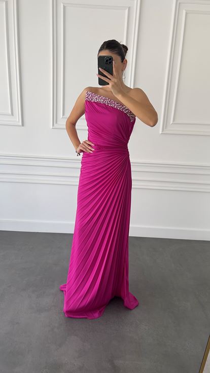 Fuchsia Stone Embellished Pleated Detail Evening Dress