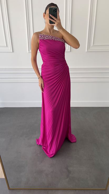 Fuchsia Stone Embellished Pleated Detail Evening Dress