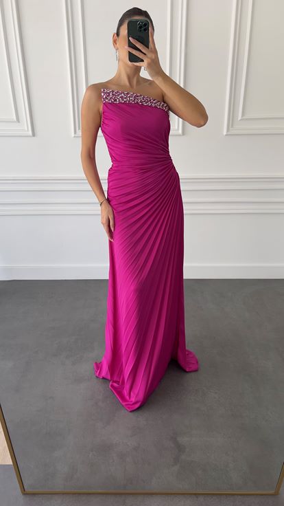Fuchsia Stone Embellished Pleated Detail Evening Dress