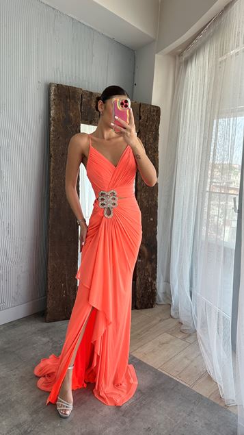 Orange Waist Detail Stone Embroidered Design Evening Dress