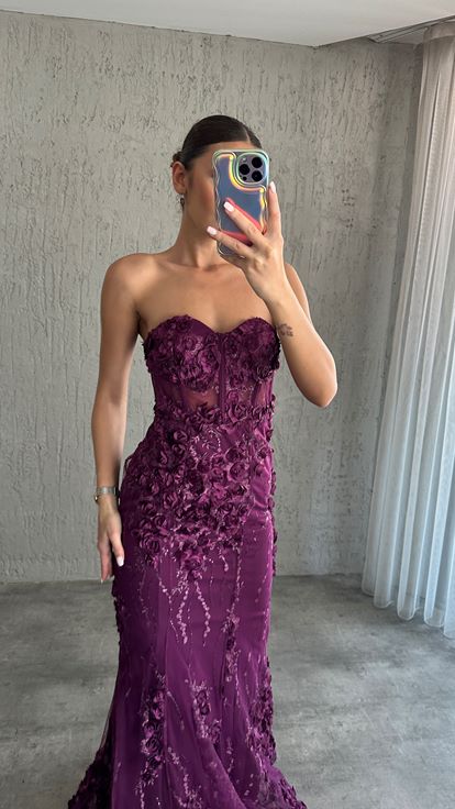 Plum Strapless Transparent Evening Dress with Rose Detail