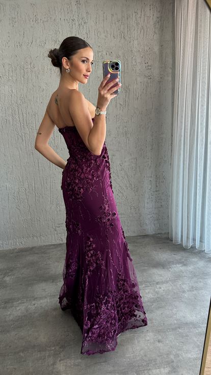 Plum Strapless Transparent Evening Dress with Rose Detail