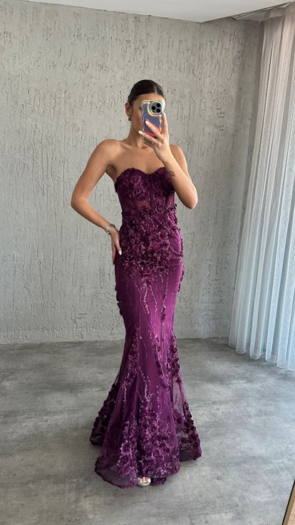 Plum Strapless Transparent Evening Dress with Rose Detail