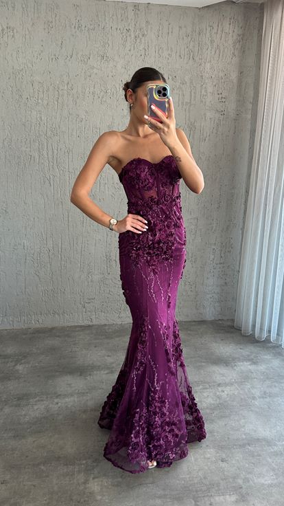 Plum Strapless Transparent Evening Dress with Rose Detail