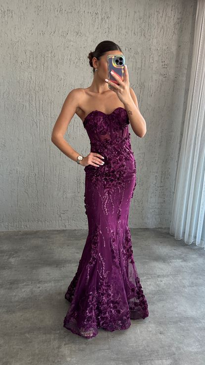 Plum Strapless Transparent Evening Dress with Rose Detail