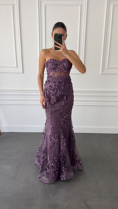 Lilac Strapless Transparent Evening Dress with Rose Detail