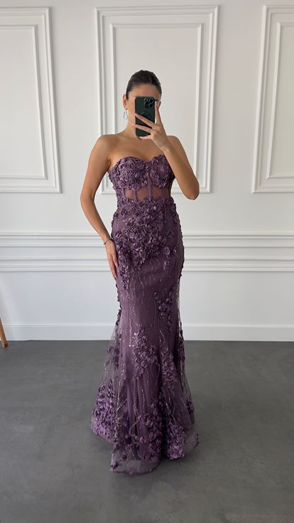 Lilac Strapless Transparent Evening Dress with Rose Detail