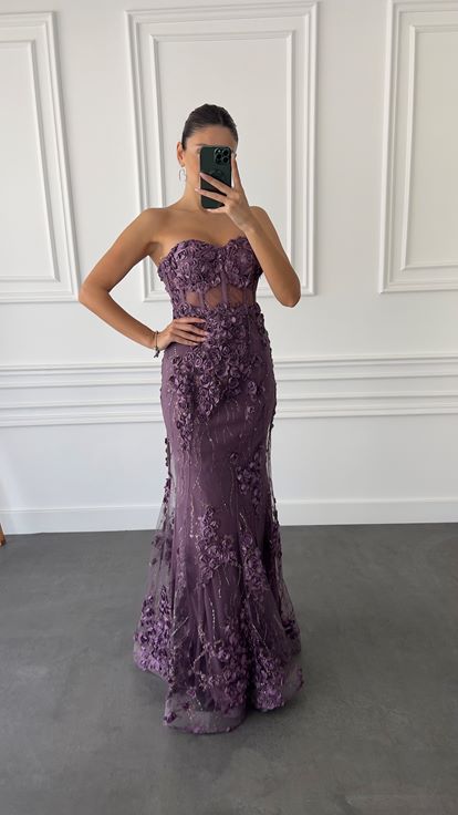 Lilac Strapless Transparent Evening Dress with Rose Detail
