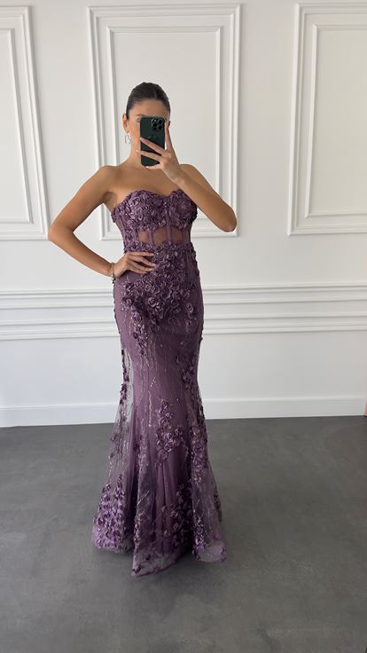 Lilac Strapless Transparent Evening Dress with Rose Detail