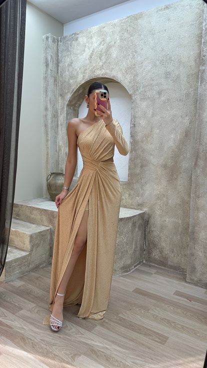 Bej Tek Kol Bel Detay Tasarım Pul Payet Abiye Elbise