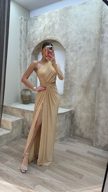 Bej Tek Kol Bel Detay Tasarım Pul Payet Abiye Elbise