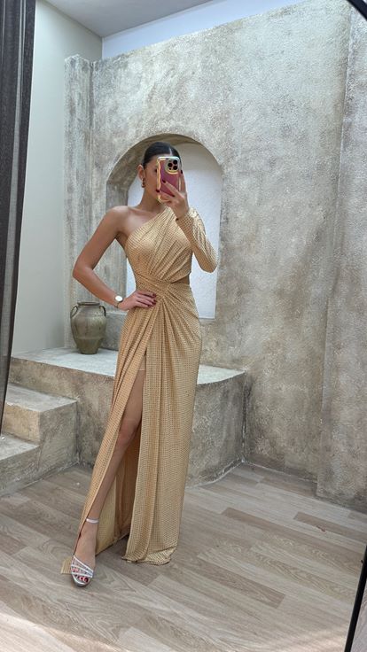 Bej Tek Kol Bel Detay Tasarım Pul Payet Abiye Elbise