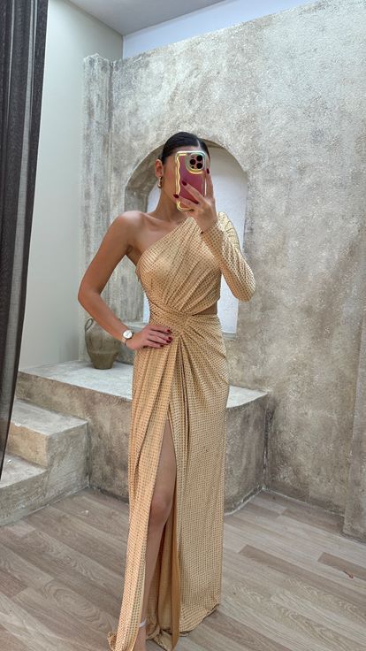 Bej Tek Kol Bel Detay Tasarım Pul Payet Abiye Elbise