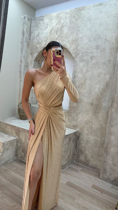 Bej Tek Kol Bel Detay Tasarım Pul Payet Abiye Elbise