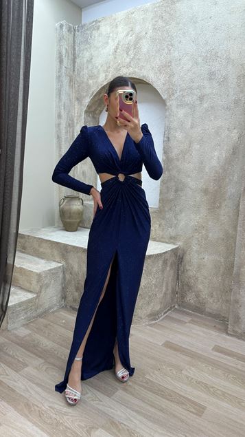 Vestido de noche con diseño de detalle de cintura y cuello en V azul marino