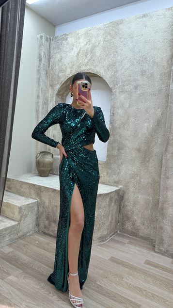Emerald Green Waist Detail Design Sequined Evening Dress