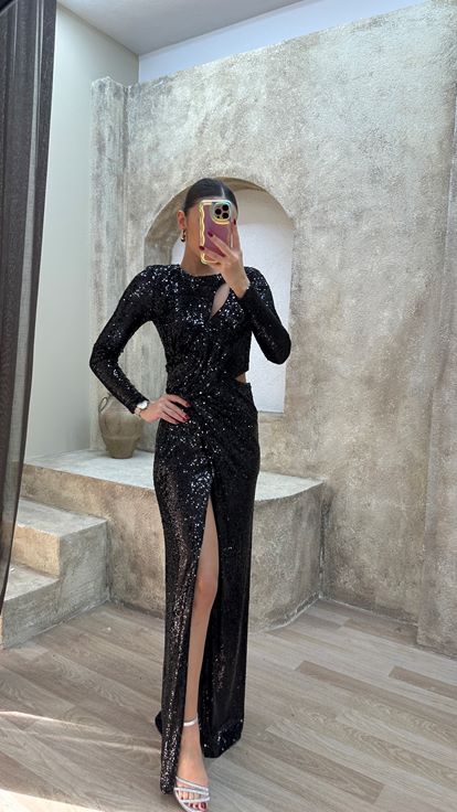Black Waist Detail Design Sequin Evening Dress