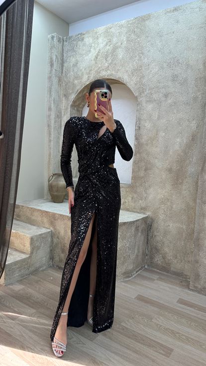 Black Waist Detail Design Sequin Evening Dress