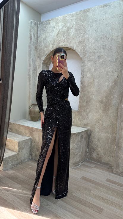 Black Waist Detail Design Sequin Evening Dress