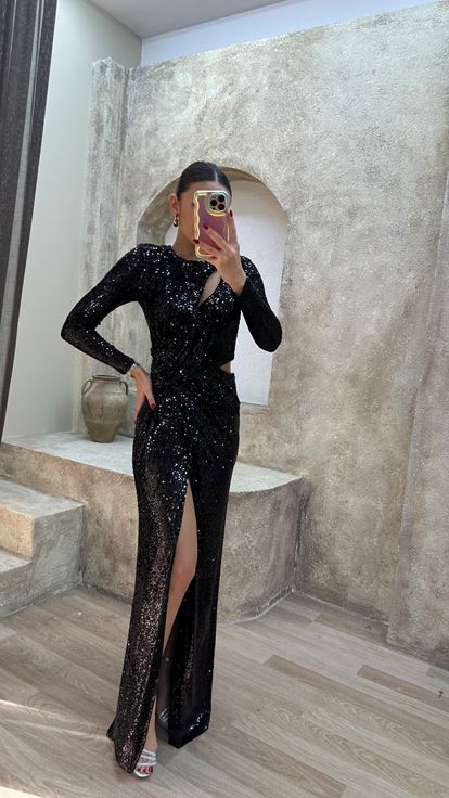 Black Waist Detail Design Sequin Evening Dress