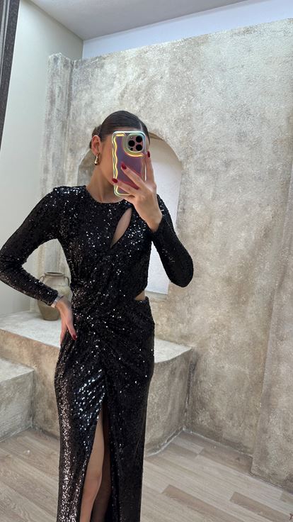 Black Waist Detail Design Sequin Evening Dress