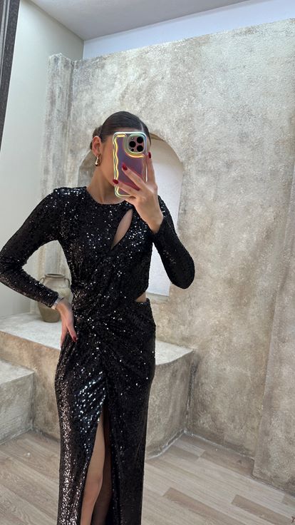Black Waist Detail Design Sequin Evening Dress